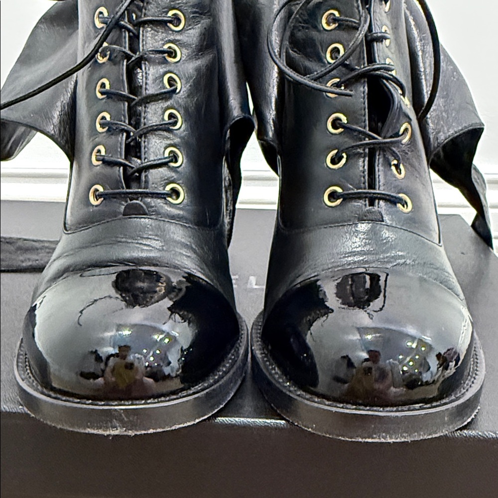 Chanel Lace-Up Ankle Boots Bow Wrap Black Leather Cap Toe Heeled Booties 37.5 - Picture 8 of 12